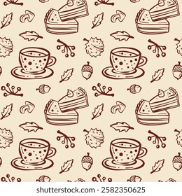 Pattern featuring cups of tea and slices of cake with autumn leaves and acorns on a light background