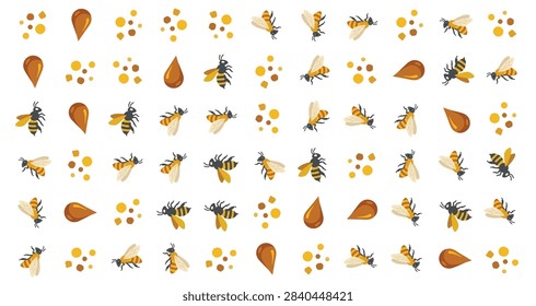 pattern featuring cute bees honey drops and pollen vector elements in yellow and black colors ideal for cute summer designs and nature projects