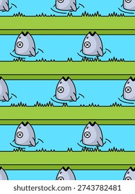 pattern featuring dead fish floating in geometric water channels. Concept of water pollution, ecological disaster, and environmental conservation issues
