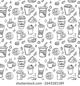 Um padrão com deliciosas bebidas e sobremesas, perfeito para qualquer celebração