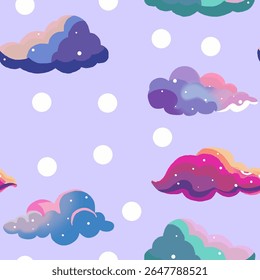 Pattern featuring diverse colored clouds and polka dots in a seamless design, perfect for textiles