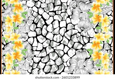 pattern featuring floral designs and a textured background, Yellow and white flowers are arranged on the sides,showcases a black and white stone-like pattern, for textile, wallpaper, gift wrapping.