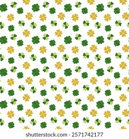 Pattern featuring green and yellow clovers on a white background for festive decoration