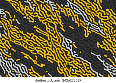 A pattern featuring an intricate organic maze, with lines and shapes reminiscent of natural biological structures in a vibrant retro-inspired color scheme