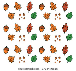 Pattern featuring orange acorns, orange and red autumn leaves, and green leaves scattered across a white background.