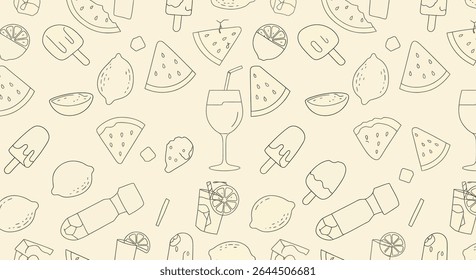 A pattern featuring outlined summer treats: watermelon slices, lemons, popsicles, and refreshing drinks with straws and lemon slices.