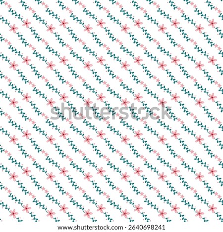 Pattern featuring pink floral motifs intertwined with green leaves, arranged diagonally on a white background. Ideal for textile designs, wallpapers, gift wraps, and decorative art projects.