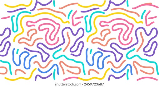 Pattern featuring playful doodles and colorful confetti perfect for designing vibrant backdrops for children event parties