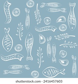 A pattern featuring primitive seafood, lemon rings and rosemary branches on a grey and turquoise background