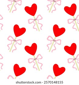 Pattern featuring red heart lollipops with pink bows on a white background