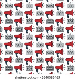 A pattern featuring red megaphones and grey SOS signals, creating a visual representation of urgency and alert. The design conveys a message of need for help or attention.