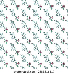 Pattern featuring repeating floral elements with vibrant colors on a white background, arranged in a playful and symmetric manner. Suitable for use in textiles, wallpapers, and designs.