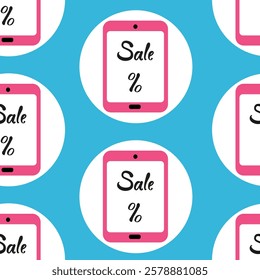 Pattern featuring sale signs on tablet devices against a blue background