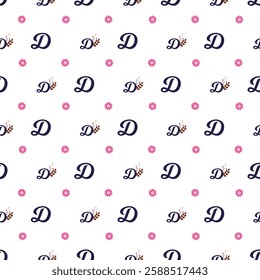 Pattern featuring a seamless design with letter D monograms adorned with flowers on a white background. Ideal for fabric prints, wallpaper, or stationery design.