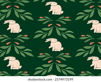 Pattern Featuring Sitting Rabbits Among Leaves and Flowers. Wildlife Seasonal Theme. Flat Hand-Drawn Vector Illustration for Wallpaper Fabric Wrapping Cards.