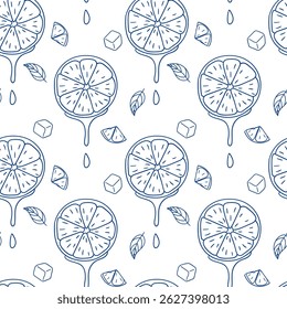 Pattern featuring slices of lemon with ice cubes and leaves on a white background