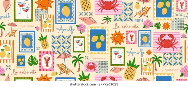 A pattern featuring symbols of the Amalfi Coast. Summer background with a travel theme featuring lemons, a crab, a palm tree and a sun lounger. A Mediterranean vacation concept. Vector.