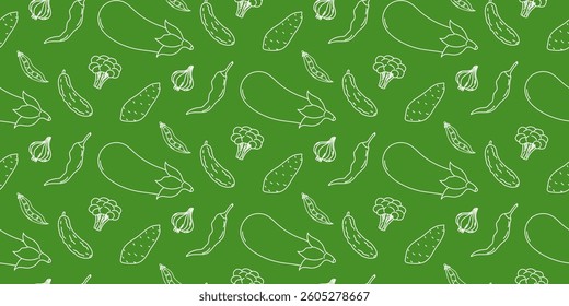 Pattern featuring various vegetables on a vibrant green background