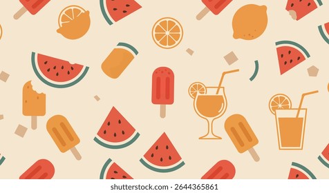 A pattern featuring watermelon slices, popsicles, lemons, orange slices, juice glasses with straws and sugar cubes.