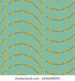 A pattern featuring wavy lines with yellow leaves on a turquoise background, suitable for textiles or decor.
