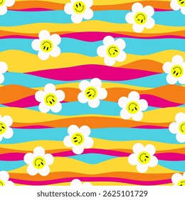 Pattern featuring white, five-petaled flowers with yellow centers showing smiley faces