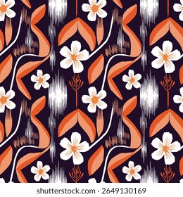 Pattern featuring white flowers and orange leaves on a dark background with white abstract brush strokes.