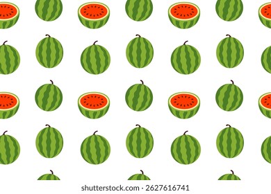 Pattern featuring whole round green-striped watermelons and halved melons with red flesh on a white background
