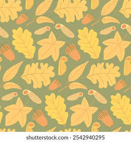 Pattern featuring yellow oak leaves and acorns, perfect for autumnal designs, rustic decor, and woodland-inspired fall projects that celebrate nature and seasonal beauty.