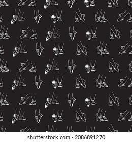 The pattern of feet and shoes for tap dancing. Dancing legs in different dance poses. Illustration for dance studios, circles, t-shirts, stripes.