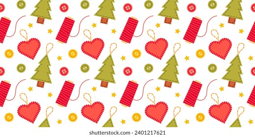 Pattern of felt Christmas tree decorations, handmade heart, needles with red string and buttons on white background. Christmas pattern of handmade felt toys.	