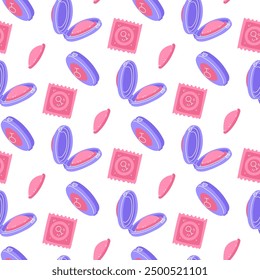 Pattern of female condoms in different poses. A flat color illustration about safe sex and contraception. The texture of the condom is of various shapes. The packaging is plastic, closed and open