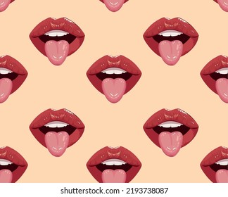pattern female face closeup, lips and tongue
