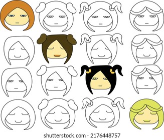 Pattern of female faces with different hairstyles and emotions