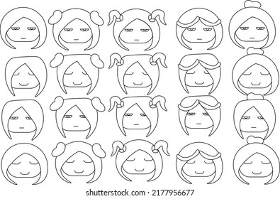 Pattern of female faces with different hairstyles and emotions