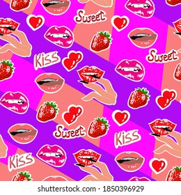 
Pattern with female lips and fingers with long nails, vector seamless pattern with strawberries and painted lips.