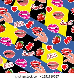 Patrón con labios y dedos hembra con uñas largas, patrón vectorial sin fisuras con fresas y labios pintados.