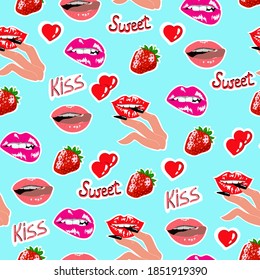 Patrón con labios y dedos hembra con uñas largas, patrón vectorial sin fisuras con fresas y labios pintados.