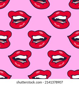 Pattern of female lips in pop art style for print and design. Vector illustration.