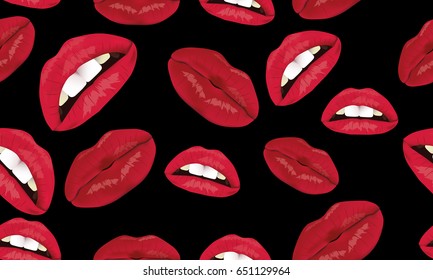 The pattern of female lips. A set of lips with an open mouth and teeth. A pattern of lips on a black background.
