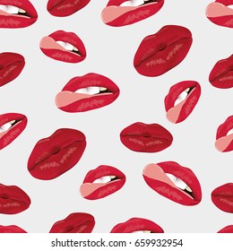 The pattern of female lips. A set of lips with an open mouth and teeth. A pattern of lips on a light background.