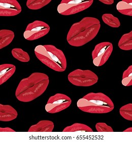 The pattern of female lips with tongue. A set of lips with an open mouth and teeth. A pattern of lips on a black background.The pattern of lips is erotic, sex, temptation.
