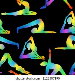 pattern with female silhouettes in a yoga pose on black background