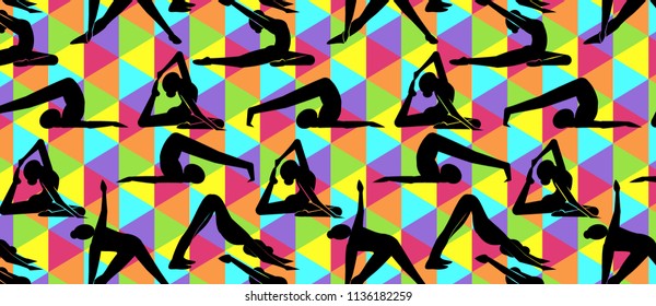 pattern with female silhouettes in a yoga pose on pattern of multicolored triangles