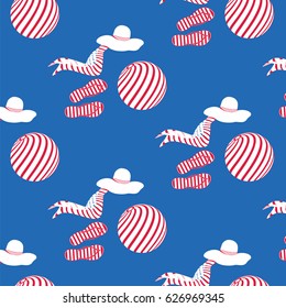 Pattern female white and red summer hat scarf flip flops inflatable ball on blue background art creative modern flat style vector