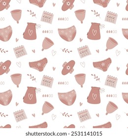 Padrão com acessórios de higiene feminina durante a menstruação. Almofadas reutilizáveis, copo menstrual. Conceito de estilo de desperdício zero