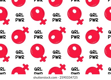 Pattern of feminist symbols and "GRL PWR" text, celebrating women’s empowerment. Great for clothing, accessories, and digital backgrounds.