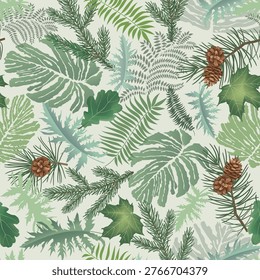 Pattern with fern leaves and pine, fir tree branches. Seamless vector seasonal textured background. Flourish nature summer garden textured background