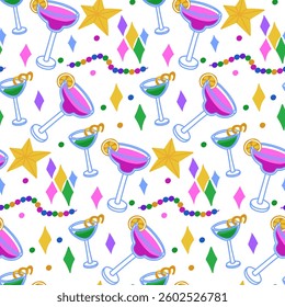 pattern with festive accessories for Mardi Gras. Cocktail, star, beads, confetti. Suitable for decorating materials, advertising campaigns and products related to the Mardi Gras holiday, Seamless