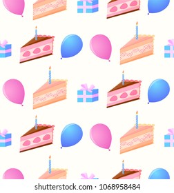 Pattern of festive cakes, boxes with a gift and balloons on a gentle yellow background