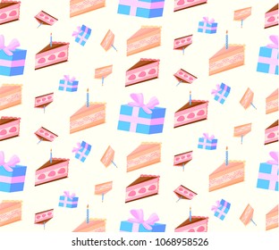 Pattern of festive cakes and a bright gift on a gentle yellow background
